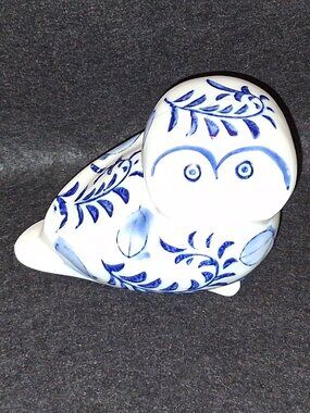 Vintage 70s Delft Blue & White Porcelain Owl Coin Bank Figurine with Stopper